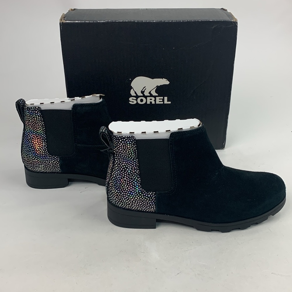 Sorel Youth Emelie Chelsea Black Sea salt boots booties waterproof Sz 5 New
